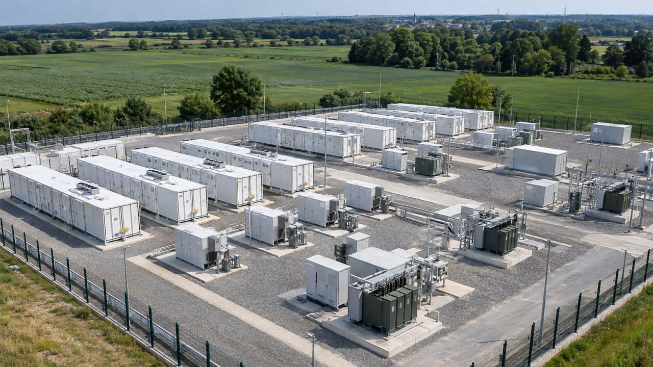 Luftaufnahme eines Batteriespeicherkraftwerks mit Containerreihen und Trafostationen