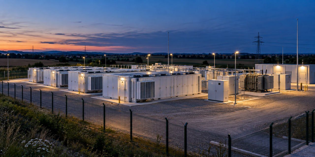 Batteriespeicherkraftwerk in der blauen Stunde, beleuchtet