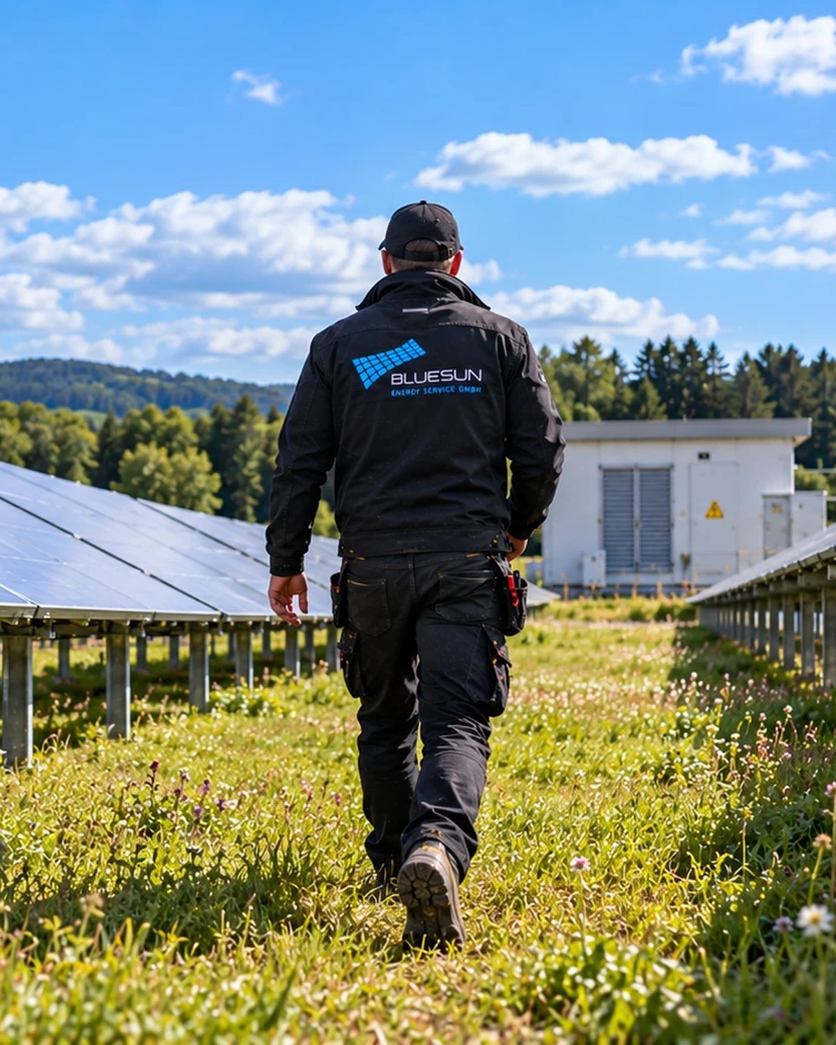Servicetechniker von Blue Sun auf dem Weg durch die Modulreihen einer Freiflächenanlage
